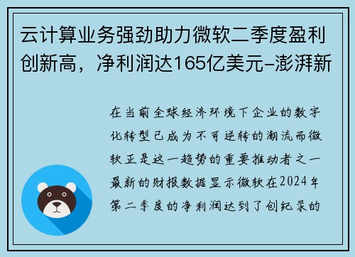 云计算业务强劲助力微软二季度盈利创新高，净利润达165亿美元-澎湃新闻